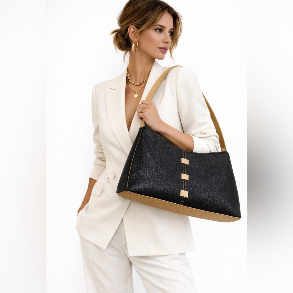 Vintage Luxury‎ Inspired Y2K Black & Tan Structured Shoulder Bag Minimalist Chic